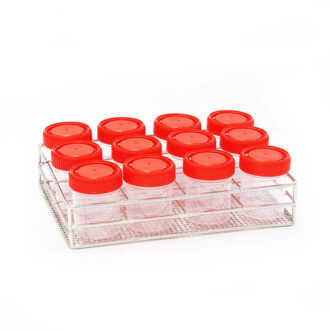 Set de 12 frascos graduados para muestras, de polipropileno, con gradilla de acero inoxidable