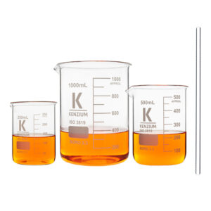 Vasos de precipitados de forma baja, vidrio borosilicato 3.3, con varilla de agitación de vidrio
