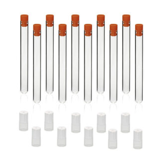 Pack de 10 tubos de ensayo, con 10 tapones color naranja y 10 tapones color natural