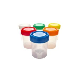 Set de 24 frascos graduados para muestras, de polipropileno, con tapas de colores